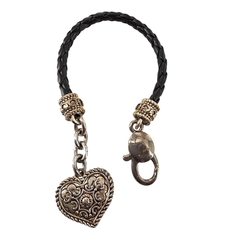 Brighton Black Braided Leather Heart Charm Bracelet Silver Tone Scrollwork